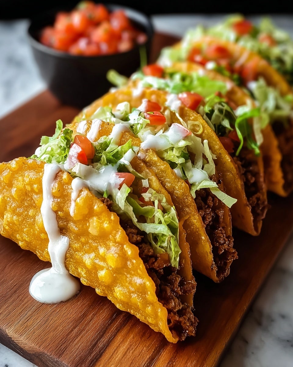 A row of four crispy taco shells with a golden brown and slightly shiny texture sit on a wooden board, each filled with dark brown cooked ground meat in the bottom layer. Above the meat, there is a layer of shredded green lettuce mixed with small red tomato cubes, topped with drizzles of white sauce that partially run down the shells' edges. In the background, out of focus, a small white bowl contains chunky tomato salsa, and behind it, some green leafy vegetables add color contrast. The entire scene is set on a white marbled surface. photo taken with an iphone --ar 4:5 --v 7