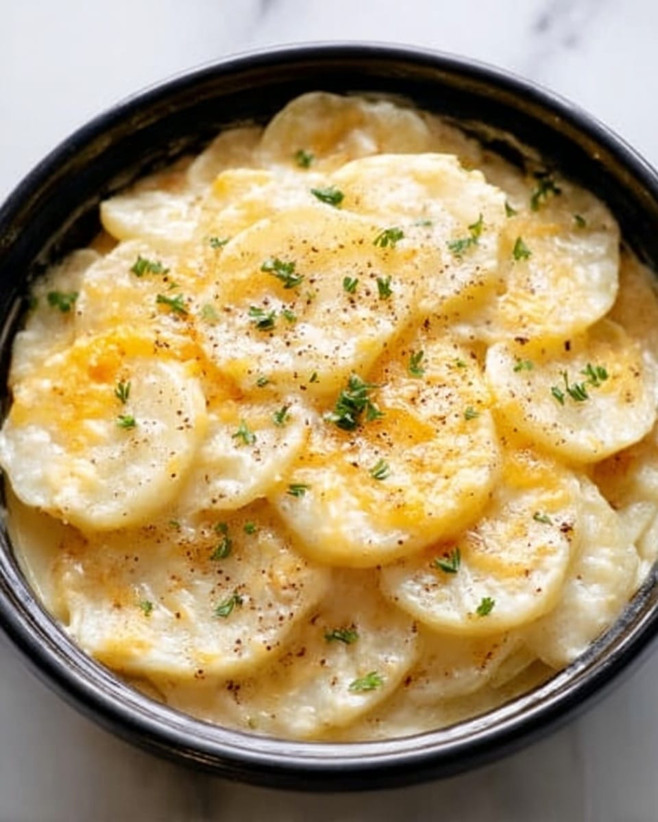 The image shows a round white bowl filled with scalloped potatoes. The dish has two visible layers of thin potato slices, covered in creamy sauce with melted cheese that is light golden on top. The surface has small specks of black pepper and green herbs scattered evenly. The texture looks soft and smooth with a slightly browned and bubbly top. The bowl is placed on a white marbled surface. Photo taken with an iphone --ar 4:5 --v 7