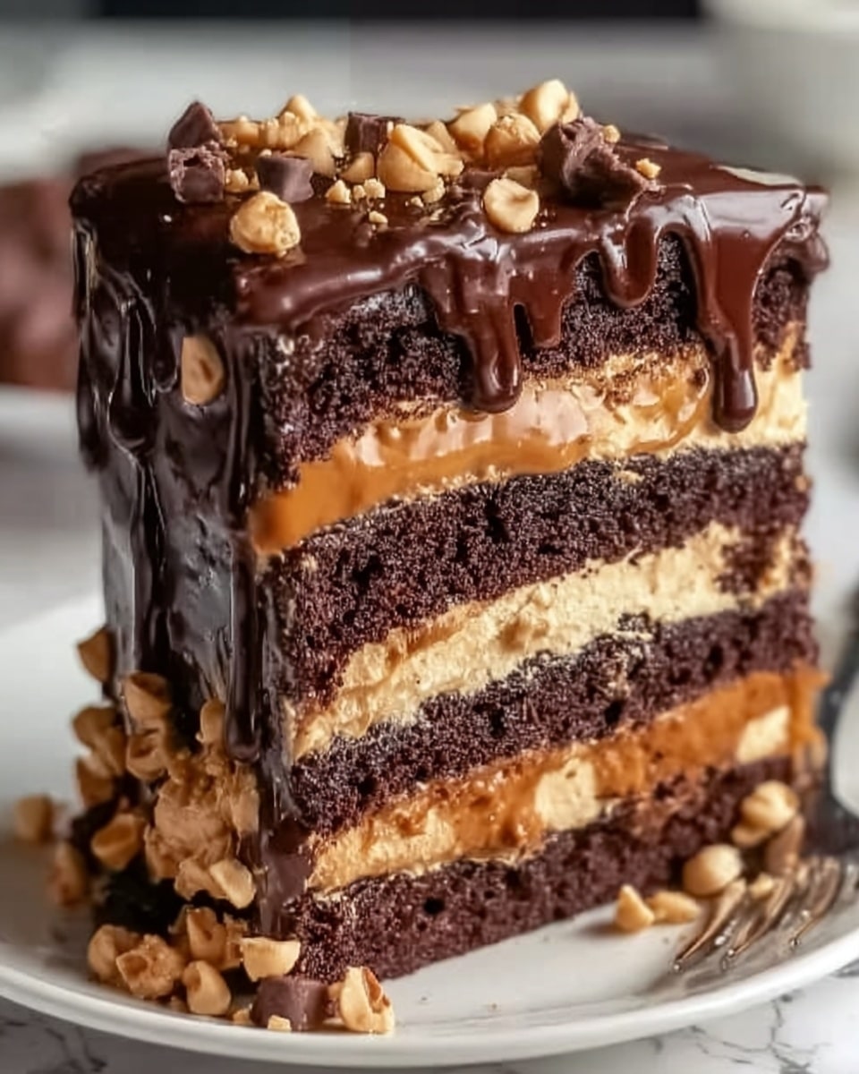 A close-up of a thick slice of chocolate cake with three layers of dark, moist chocolate sponge separated by two layers of creamy peanut butter filling. The cake is covered in a shiny, dark chocolate ganache that drips down the sides. The top layer is decorated with a mix of whole and chopped peanut butter cups, adding texture and color. The slice sits on a white plate, placed on a white marbled surface. Photo taken with an iphone --ar 4:5 --v 7