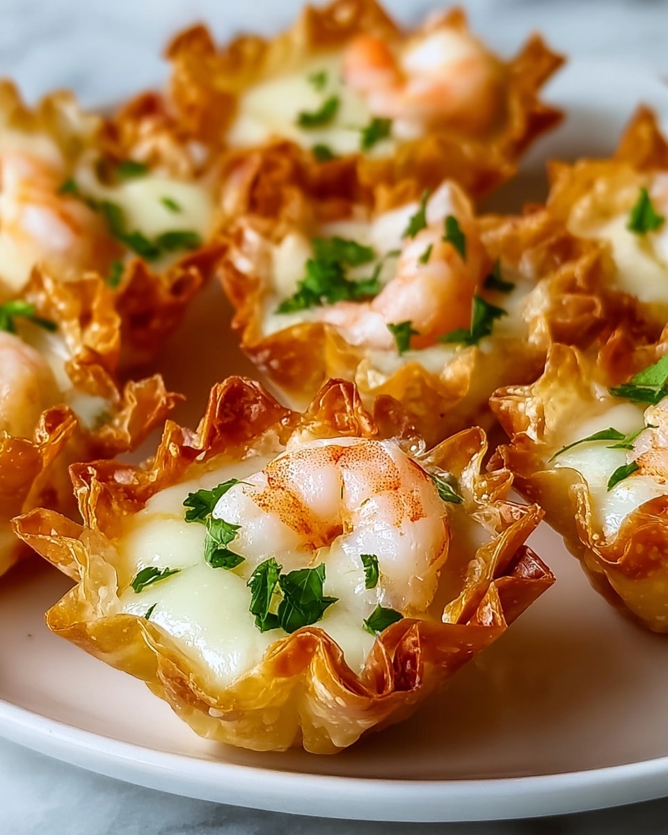The image shows several small appetizer cups made of golden, crispy fried shells as the base layer, each shaped like a flower with edges that curl slightly upwards. Inside each shell is a layer of creamy white melted cheese that looks soft and glossy, topped with a whole cooked shrimp that is light pink with orange stripes. Small green parsley pieces are sprinkled over the shrimp and cheese, adding a fresh color contrast. All the cups are arranged closely together on a white plate sitting on a white marbled surface. photo taken with an iphone --ar 4:5 --v 7