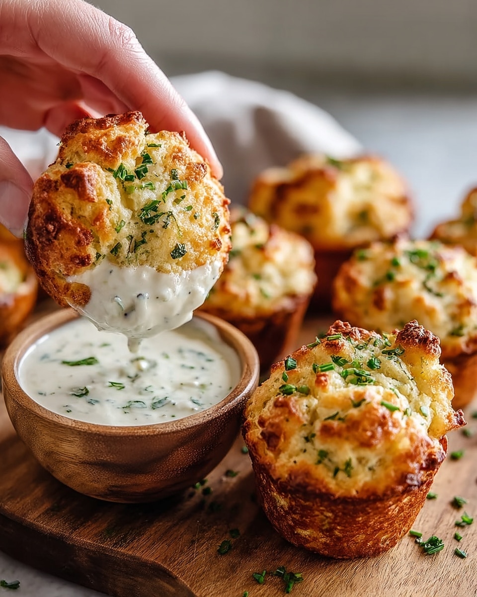 A woman's hand is holding a golden-brown baked muffin with a rough, textured top sprinkled with chopped green herbs. The muffin’s base is crispy and darker in color. The muffin is dipped halfway into a creamy white sauce flecked with small green herb pieces, held in a white bowl beside other similar muffins. The muffins sit on a light brown wooden board with some chopped green herbs scattered on it, all placed on a white marbled surface. photo taken with an iphone --ar 4:5 --v 7