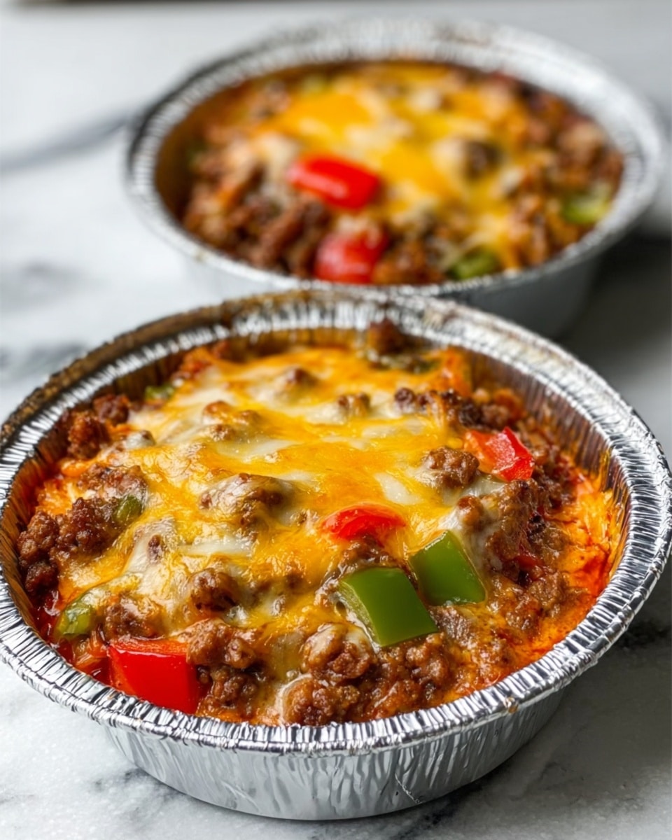 The image shows two foil containers filled with baked stuffed bell peppers. Each pepper is halved and filled with a mixture of ground meat and rice, topped with melted golden-brown cheese that looks bubbly with slight browning on top. Slices of green bell pepper are placed on the sides of the filling. The foil containers sit on a white marbled surface, and the photo is taken from a close angle focusing on the front pepper, with the second one slightly blurred in the background. The lighting highlights the textures of the melted cheese and the juicy filling. photo taken with an iphone --ar 4:5 --v 7