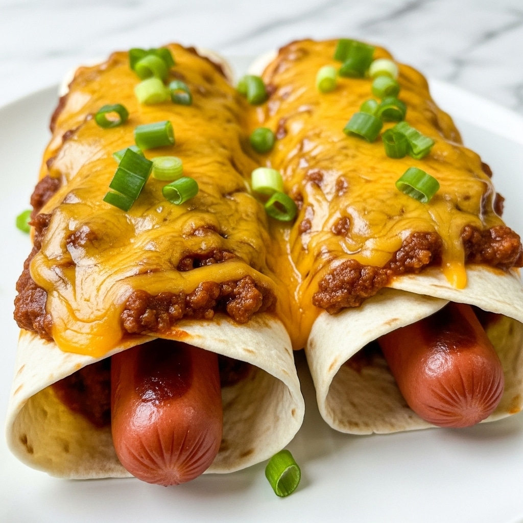 The image shows a close-up of two rolled tortillas filled with cooked hot dogs, placed side by side on a white plate. The tortillas are topped with a thick layer of chili meat sauce, then covered with melted bright yellow cheddar cheese. Small, chopped green onions are sprinkled on top of the cheese, adding a fresh green contrast. The texture looks cheesy, meaty, and slightly glossy from the melted cheese, with the hot dog ends poking out. The background is a white marbled surface. Photo taken with an iphone --ar 4:5 --v 7