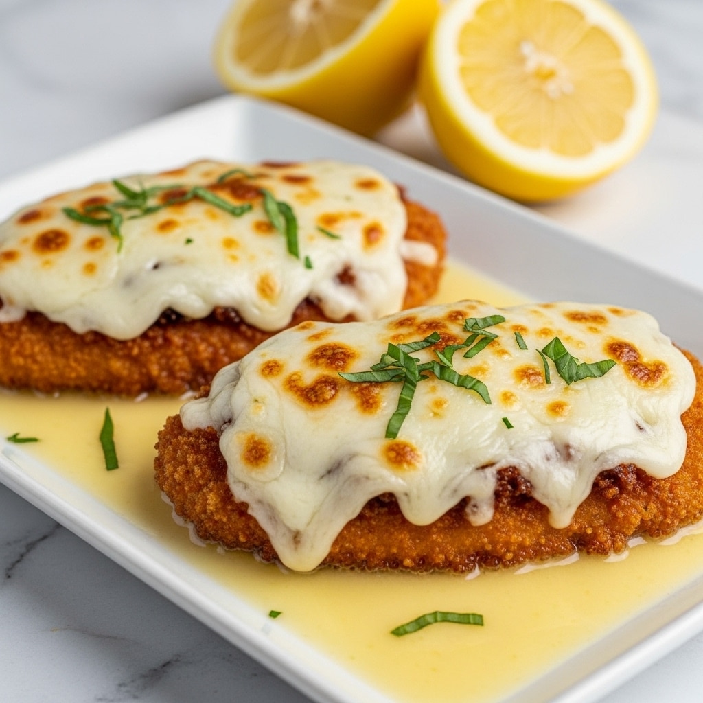 This image shows a close-up of two pieces of breaded and fried chicken cutlets. Each cutlet has a golden-brown crispy crust as the bottom layer, topped with melted white cheese that is slightly browned and spread unevenly. There are small green herb pieces sprinkled over the cheese layer, adding fresh color. The cutlets sit in a thin pale yellow sauce that pools around the edges on a white rectangular plate. In the background, there are two halves of a lemon, with bright yellow skin and juicy flesh. The whole scene is set on a white marbled surface. Photo taken with an iphone --ar 4:5 --v 7
