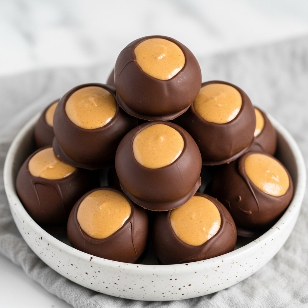 A pile of round chocolate peanut butter balls is stacked in a white speckled bowl on a soft, crinkled light gray cloth over a white marbled surface. Each ball has two layers: a smooth, dark brown chocolate outer shell that covers almost the entire ball, and a shiny, light tan peanut butter layer visible as a circular patch on top. The texture of the peanut butter layer looks creamy and soft, while the chocolate appears firm and glossy. The balls are tightly packed, showing their uniform size and shape. photo taken with an iphone --ar 4:5 --v 7