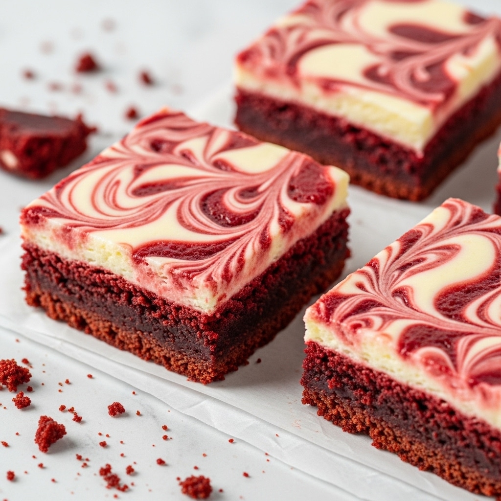 The image shows a close-up of three thick square red velvet brownie pieces arranged on a white marbled surface with parchment paper partially underneath. Each brownie has two visible layers: the bottom layer is rich, moist, and deep red with a dense texture, and the top layer shows creamy white and red swirled cream cheese with a smooth, slightly glossy appearance, creating a marbled pattern. Crumbs from the brownies are scattered around on the surface, adding a rustic look. The photo taken with an iphone --ar 4:5 --v 7