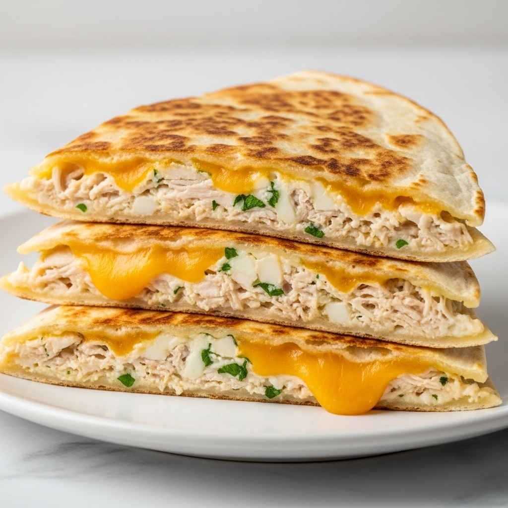 A stack of four quesadilla slices is shown on a white plate, each slice with a golden brown, slightly crispy tortilla on top and bottom. Between the tortillas, there are two visible layers: a creamy white cheese mixed with small green herbs and shredded chicken, and a layer of melted orange cheese peeking out, oozing slightly at the edges. The quesadillas are cut into triangular shapes and arranged in a neat pile with some fresh chopped green herbs sprinkled on top, all placed on a white marbled surface. photo taken with an iphone --ar 4:5 --v 7