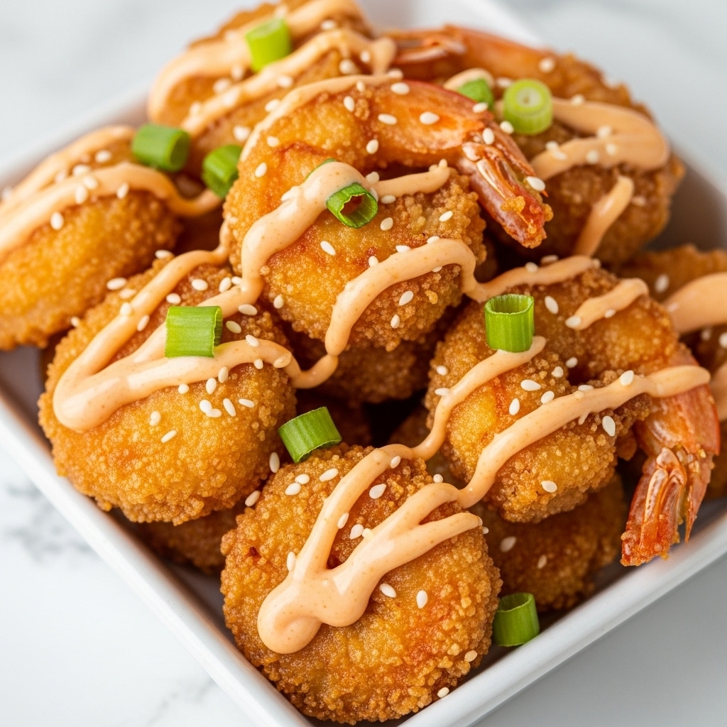 A close-up image of a pile of golden brown fried shrimp with a crispy texture, coated in a creamy light orange sauce drizzled evenly on top. Small green onion pieces are scattered across the shrimp, adding splashes of bright green color. Tiny white sesame seeds are sprinkled over everything, giving more texture and contrast. The shrimp are shown inside a white square container set on a white marbled surface. Photo taken with an iphone --ar 4:5 --v 7