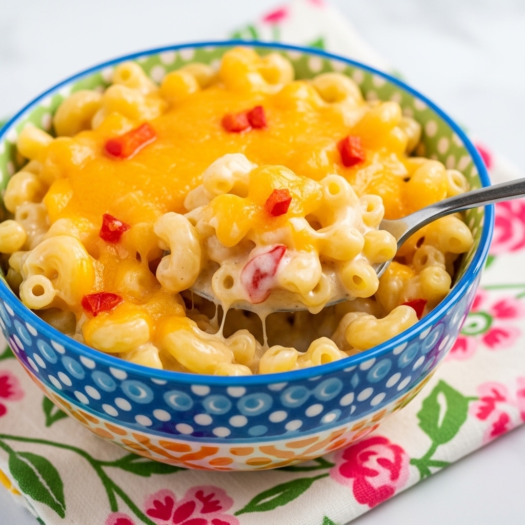 A close-up view of a bowl filled with creamy macaroni and cheese topped with melted golden cheddar cheese and small pieces of red pepper. The bowl has colorful blue, orange, and yellow patterns on the outside and sits on a floral cloth with pink and green colors, all placed on a white marbled surface. A silver spoon is scooping some of the soft, cheesy pasta from the bowl, showing the gooey, creamy texture underneath. photo taken with an iphone --ar 4:5 --v 7