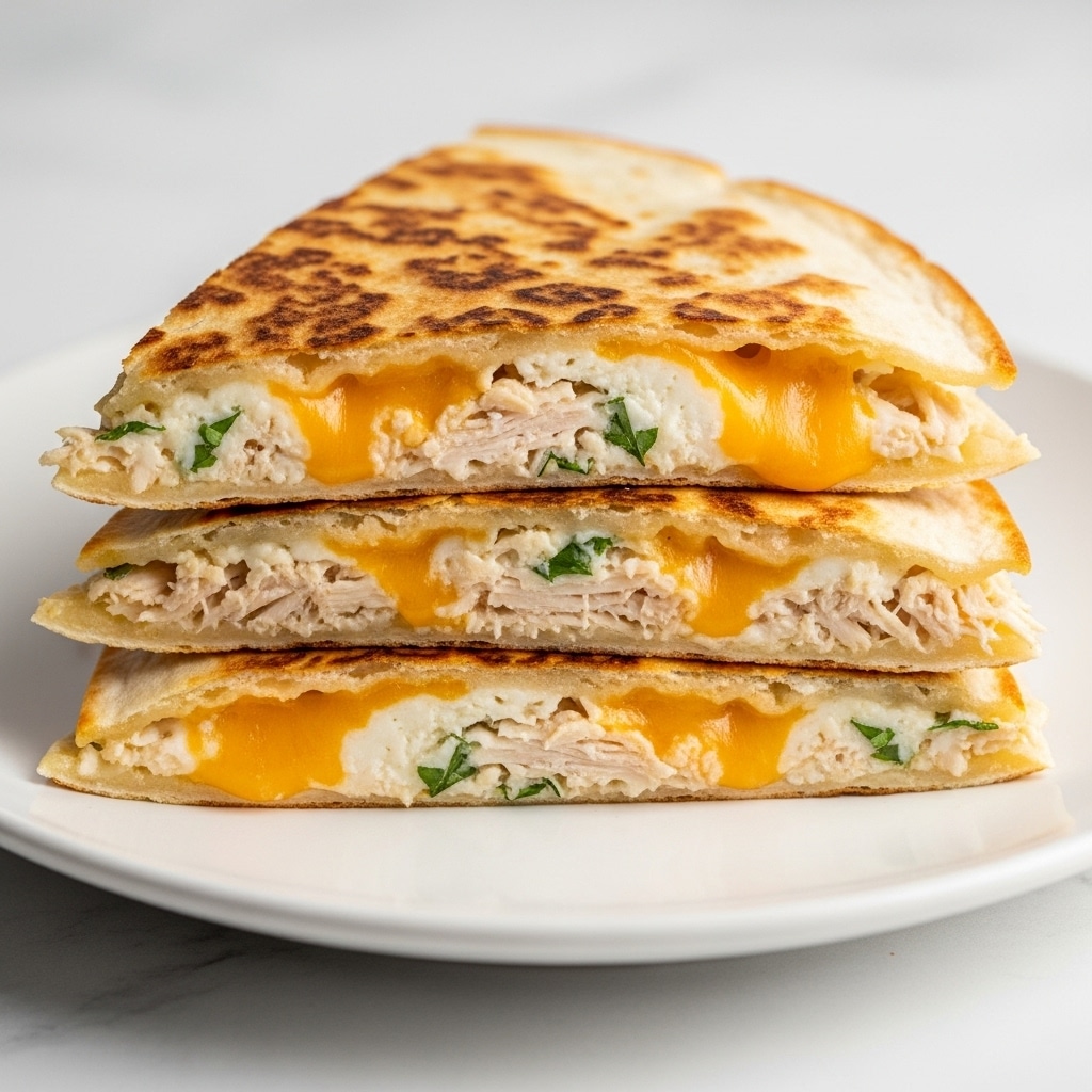A stack of three golden-brown quesadilla triangles sits on a white plate, each layer showing a toasted flour tortilla folded with a creamy white cheese mixed with shredded chicken and small green herb flecks visible throughout. The top tortilla is browned with spots of deeper toast, offering a crisp texture, while melted orange cheddar cheese oozes slightly from the sides, blending with the white filling and chicken strands. The quesadillas are arranged so that each triangle is slightly overlapping, showing the thick, gooey fillings inside. The plate rests on a white marbled surface, and the image is close-up, highlighting the textures and colors of the melted cheese and herbs. Photo taken with an iphone --ar 4:5 --v 7