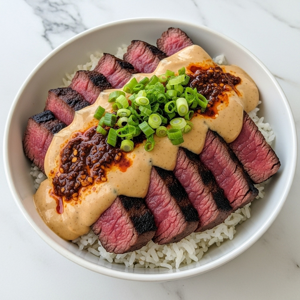 The dish shows a bowl filled with white rice as the bottom layer, topped with slices of grilled steak that are medium rare, showing shades of deep pink and charred brown edges. On top of the steak, there is a creamy tan sauce drizzled over, with a darker reddish-brown spicy oil spread unevenly across the surface. Bright green chopped scallions are sprinkled over the sauce, adding a fresh pop of color. The bowl itself is white, placed on a white marbled surface. photo taken with an iphone --ar 4:5 --v 7