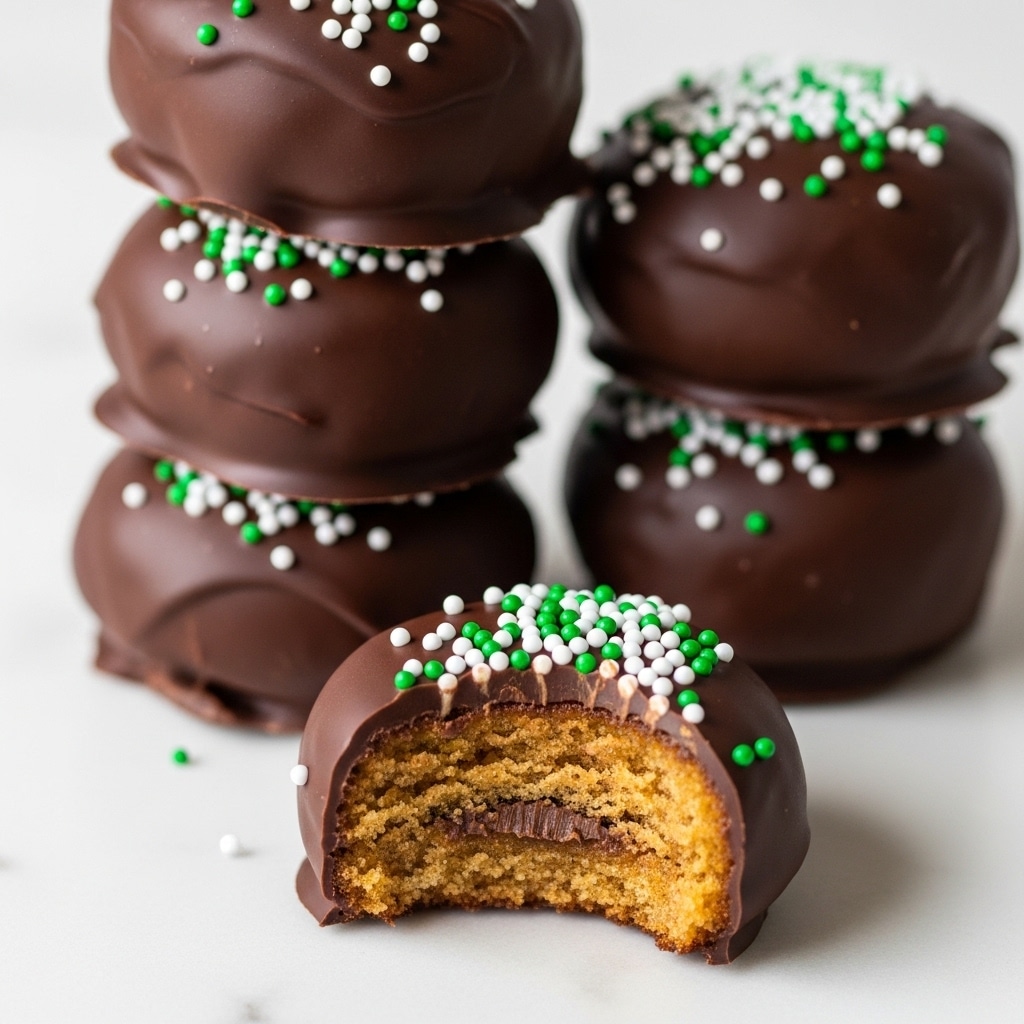 A close-up image showing six round chocolate balls stacked together on a white marbled surface. Each ball is covered in smooth, dark chocolate with small white and light green sprinkles scattered on top. One ball in the center has a bite taken out of it, revealing a soft, light brown cookie-like inside with a slightly crumbly texture. The chocolate coating looks shiny and thick. Photo taken with an iphone --ar 4:5 --v 7