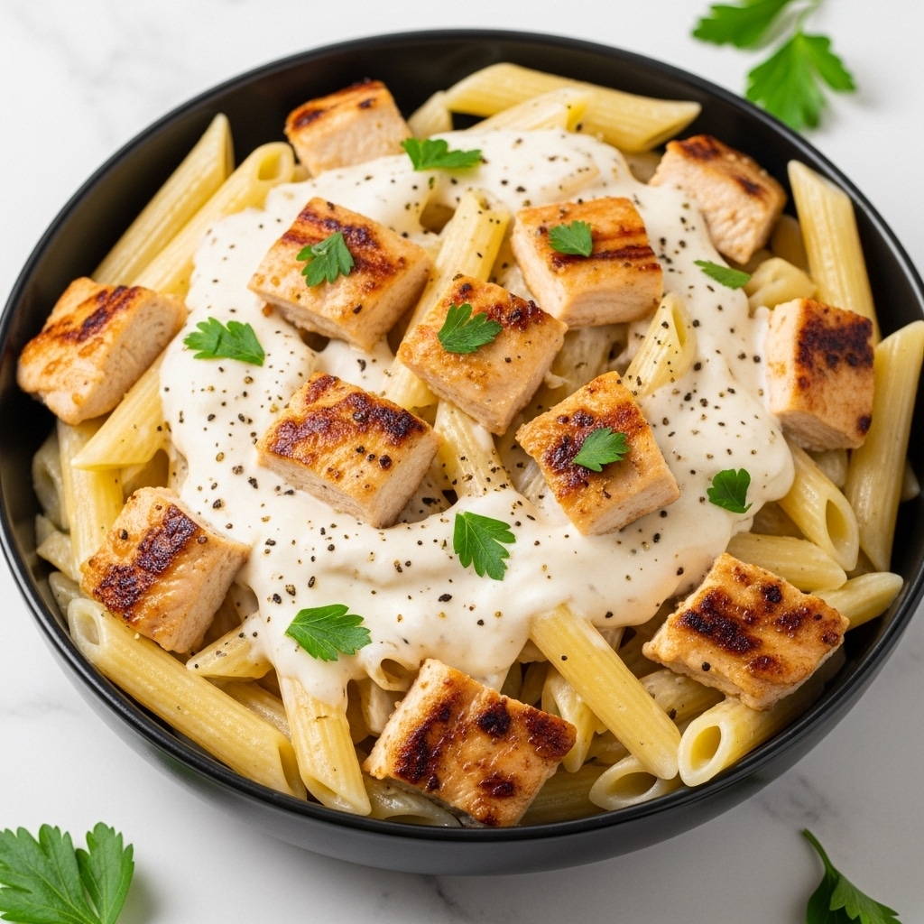 The image shows a close-up of a black bowl filled with creamy chicken Alfredo pasta. The dish has three main layers: penne pasta in a light yellow color, coated in a thick, creamy white Alfredo sauce, and pieces of grilled chicken with a light brown char on the edges evenly mixed throughout. The Alfredo sauce smoothly covers most of the pasta, with some pasta edges sticking out. Small green parsley leaves are scattered on top, adding a fresh contrast to the creamy and light colors. A few black pepper specks are sprinkled lightly across the dish. The bowl sits on a white marbled surface with some parsley leaves scattered around. Photo taken with an iphone --ar 4:5 --v 7