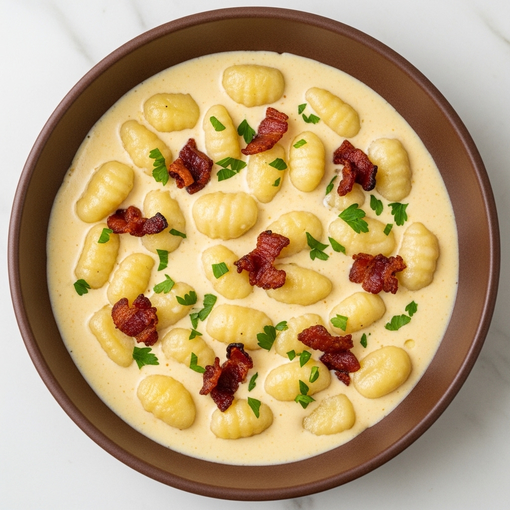 A dish served on a white plate shows a mix of creamy mashed potatoes forming the base layer with soft, slightly chunky texture in pale yellow and white tones. Scattered over the mashed potatoes are small pieces of pink ham and golden crispy bacon bits. Melted cheese with a rich orange color covers the top, some areas browned and crunchy. Small green herb sprigs add a fresh touch on top. A silver fork is resting on the plate, all set on a white marbled surface. photo taken with an iphone --ar 4:5 --v 7