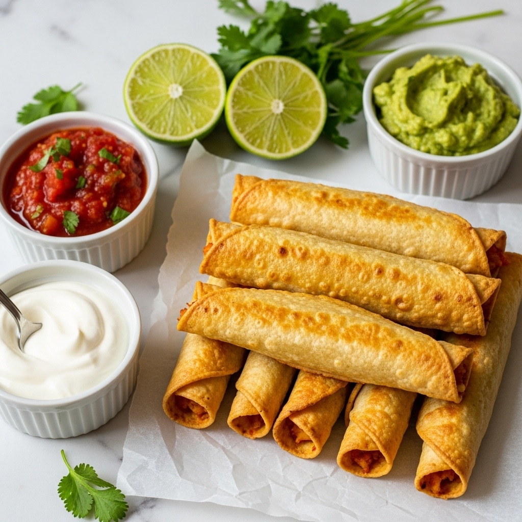 A group of ten golden brown crispy rolled taquitos with rough, slightly bubbled texture are arranged on crumpled white parchment paper over a white marbled surface. At the top left are two lime halves showing fresh green and light yellow with visible pulp. Near the center right, a white bowl filled with chunky green guacamole is placed, and at the bottom left, another white bowl contains rich red salsa with visible seeds and herbs. On the bottom right, a white bowl holds smooth white sour cream with a spoon inside. Small cilantro leaves are scattered around for garnish. photo taken with an iphone --ar 4:5 --v 7