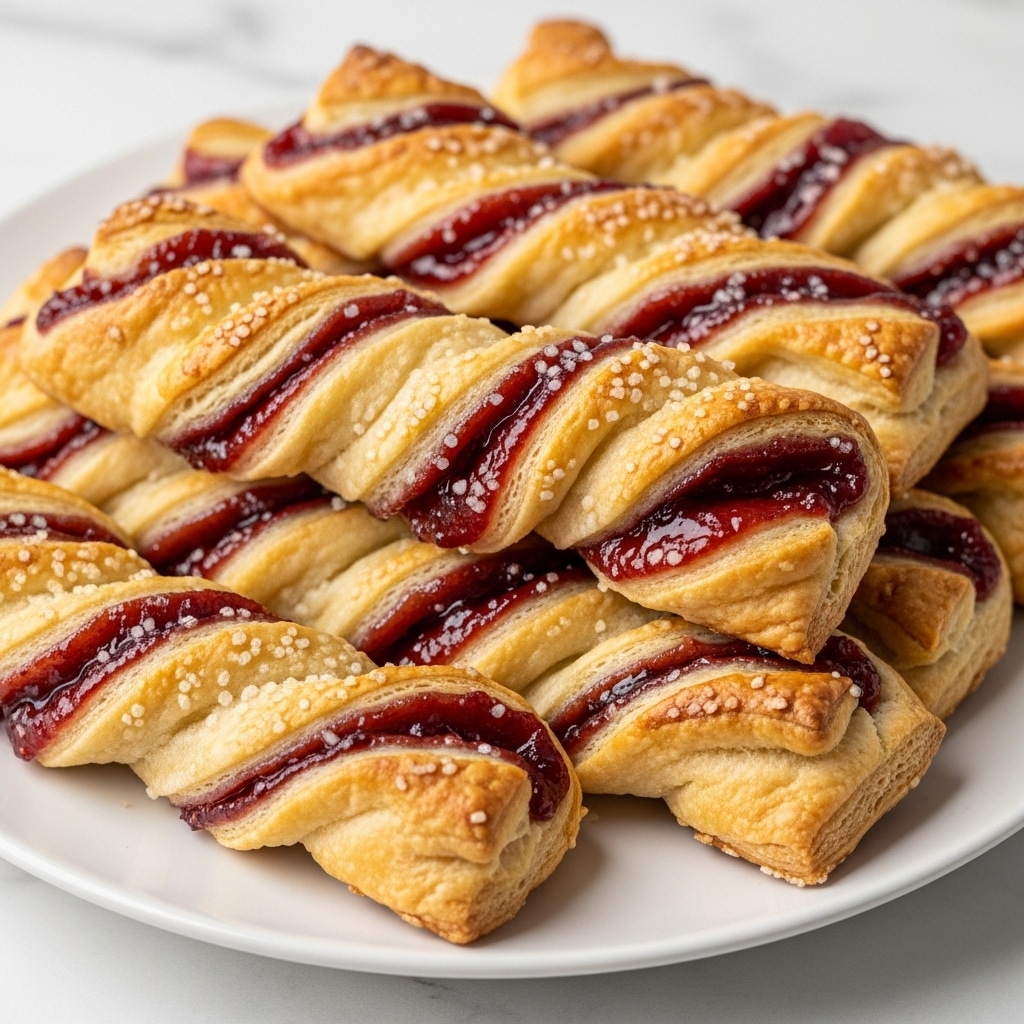 The image shows several twisted pastries arranged on a white plate. Each pastry has multiple layers of golden brown, flaky dough that look crispy and light. Inside the twists, there is a deep red jam that appears shiny and slightly sticky, adding a contrast to the pale dough. The jam is visible through the gaps in the twisted layers, which are sprinkled with small bits of sugar giving a slight sparkle. The plate sits on a white marbled surface in soft lighting that highlights the textures and colors of the pastries. photo taken with an iphone --ar 4:5 --v 7