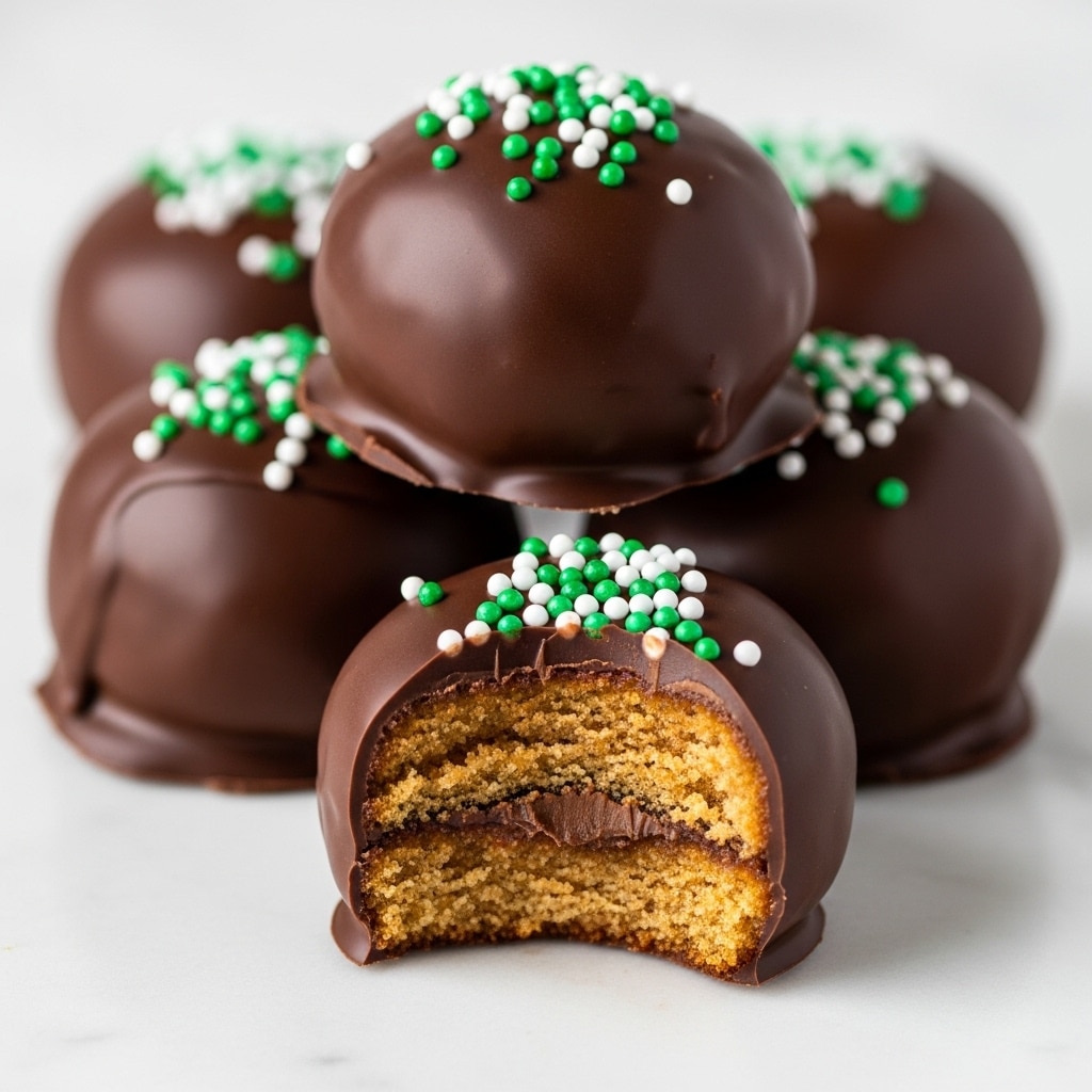 A close-up view of six chocolate-covered round treats stacked on a white marbled surface, each coated in smooth, dark chocolate with small white and green sprinkles evenly scattered on top. The front treat is bitten into, revealing a dense, golden brown cake layer inside with a small layer of chocolate near the center. The chocolate coating is glossy and slightly thick, wrapping around each treat completely, forming a smooth outer shell. Photo taken with an iphone --ar 4:5 --v 7