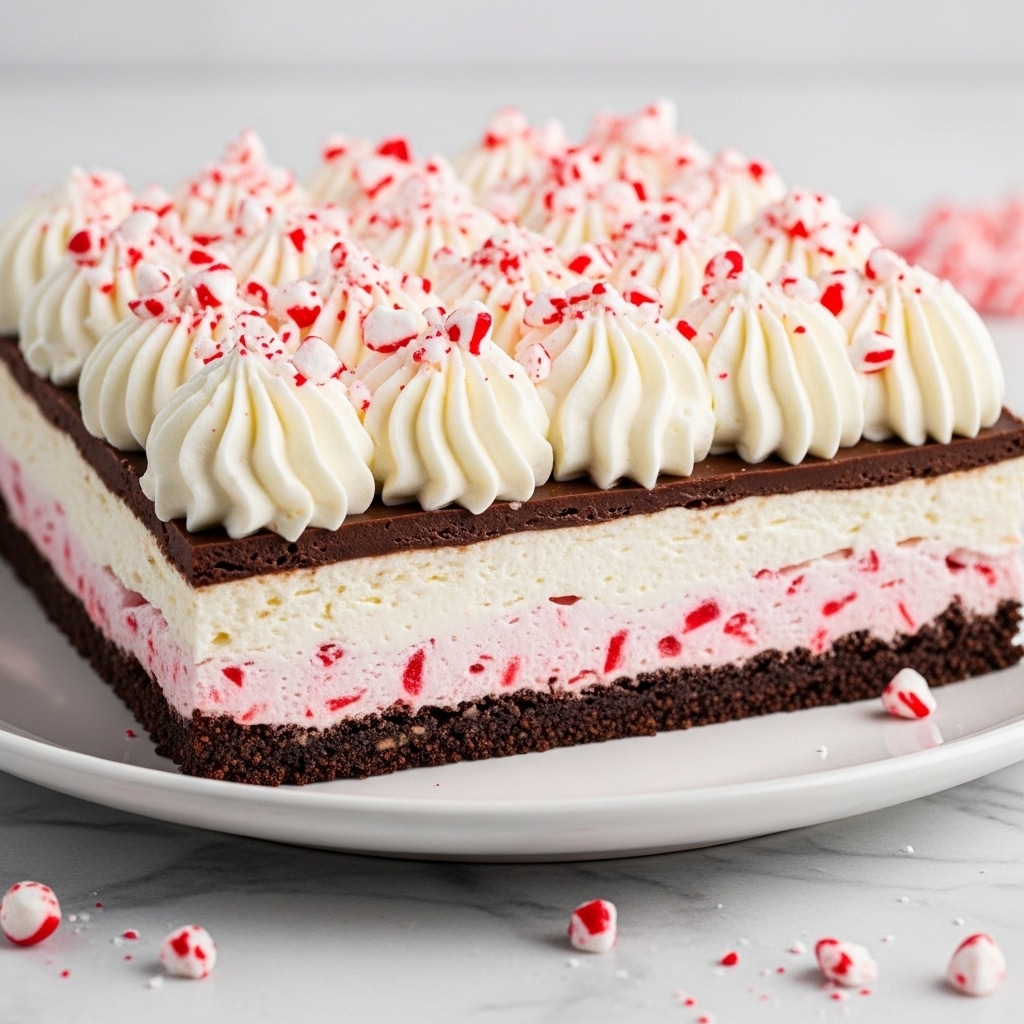 A close-up of a rectangular dessert with multiple layers on a white plate, sitting on a white marbled surface. The bottom layer is a dark chocolate crumb crust, followed by a thick white creamy layer with small bits of red candy mixed in. Above that is a thin chocolate layer, topped by a generously thick layer of white cream. The top layer is decorated with swirls of whipped cream and sprinkled with pieces of crushed red and white candy canes, adding a festive look. Some candy pieces are scattered around the plate. Photo taken with an iphone --ar 4:5 --v 7