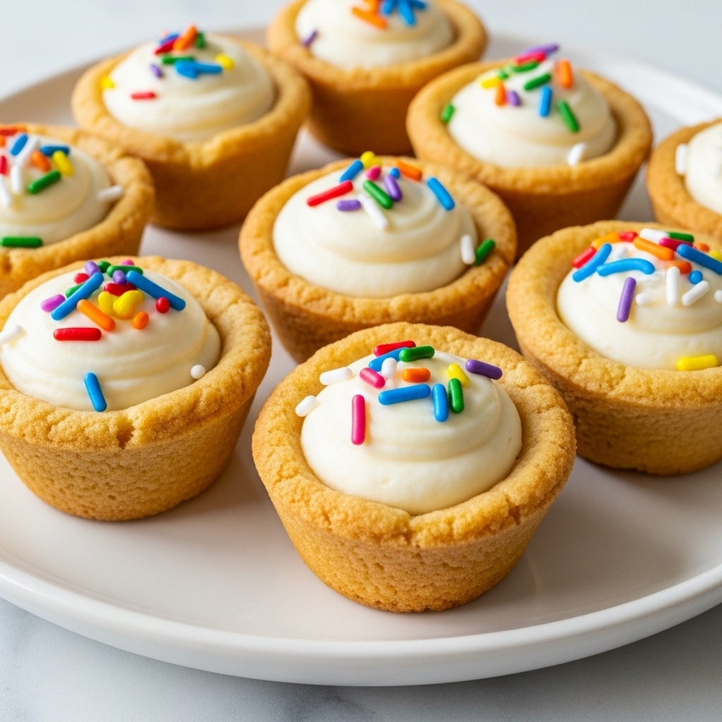 This image shows several small cookie cups arranged closely together on a white plate. Each cookie cup is golden brown and thick, forming a firm edible shell that holds a smooth, creamy white filling inside. The filling rises slightly above the rim of the cookie cup in a rounded shape. On top, there are colorful round and rod-shaped sprinkles in bright colors like blue, red, yellow, green, purple, orange, and white, adding a playful touch. The scene is set on a white marbled surface that contrasts with the warm tones of the cookie cups. Photo taken with an iphone --ar 4:5 --v 7