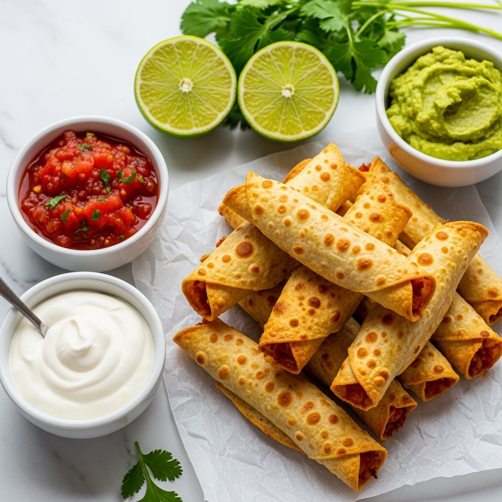 The image shows a white marbled surface covered with a piece of light gray parchment paper holding a pile of golden brown taquitos, each rolled tightly in crisp shells with textured, slightly bubbled surfaces. At the back, two halves of a green lime reveal their juicy, bright green interiors, with fresh cilantro leaves placed nearby. Three small white bowls are visible: one filled with chunky red salsa with bits of tomato and spices, another with thick green guacamole with a creamy rough texture, and the third containing smooth white sour cream with a spoon inside. Some small cilantro leaves are scattered around, adding a fresh touch. photo taken with an iphone --ar 4:5 --v 7
