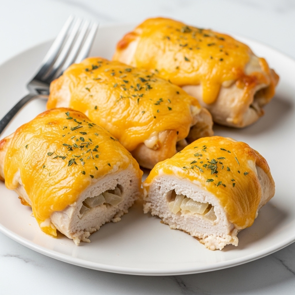 On a white plate set on a white marbled surface, there are three pieces of baked chicken covered with melted golden-yellow cheese that is slightly browned in some spots. Each piece has a layer of white, tender chicken meat underneath the cheese, with some bits of onion peeking out from beneath the cheese. The cheese has herbs sprinkled on top, adding green specks across the melted layer. A silver fork rests on the right side of the plate. Photo taken with an iphone --ar 4:5 --v 7