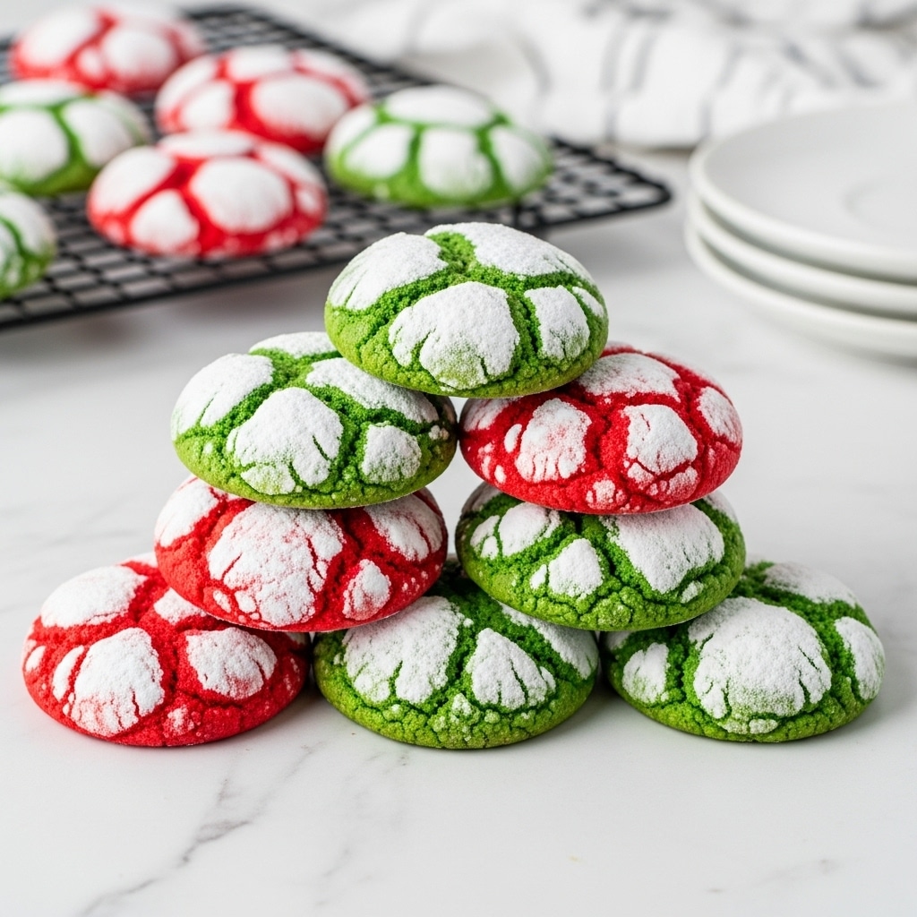 A pyramid stack of round cookies sits on a white marbled surface, each cookie showing a cracked pattern on top with powdered sugar dusted over. The cookies alternate in color between bright red and vibrant green, with deep cracks revealing the base color beneath the white powder. In the background, more cookies are cooling on a dark rack, with a neat stack of white plates to the side. The overall scene feels festive and colorful. photo taken with an iphone --ar 4:5 --v 7