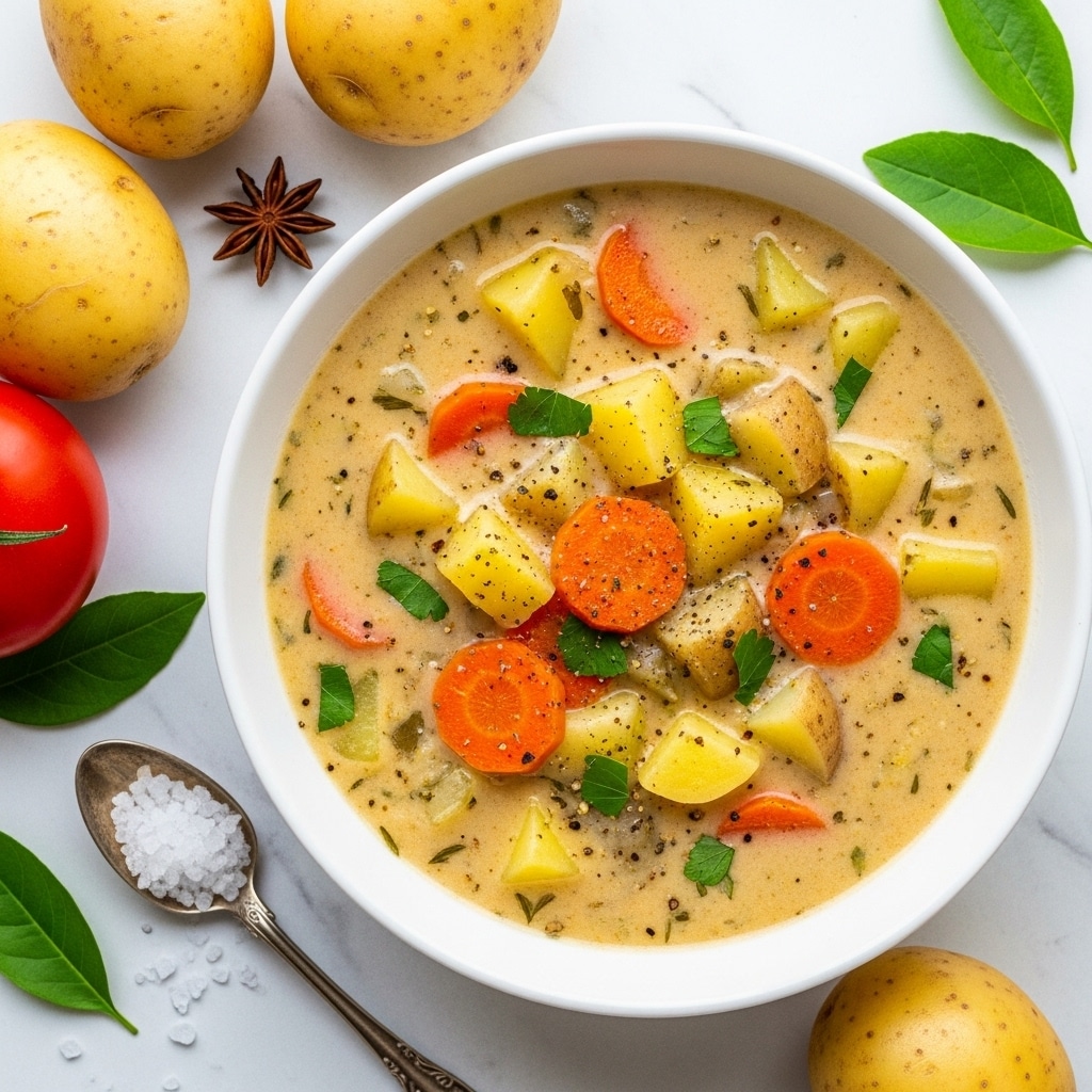 A white bowl filled with creamy soup containing visible chunks of yellow and light brown potatoes, orange carrot slices, and green herbs scattered throughout. The soup has a smooth, thick texture with small specks of black pepper and herbs floating on the surface. Around the bowl are whole yellow potatoes, a red tomato, star anise, fresh green leaves, and some coarse salt in a small spoon, all placed on a white marbled surface. The image is bright and clear, showing the fresh ingredients and comforting texture of the soup. photo taken with an iphone --ar 4:5 --v 7
