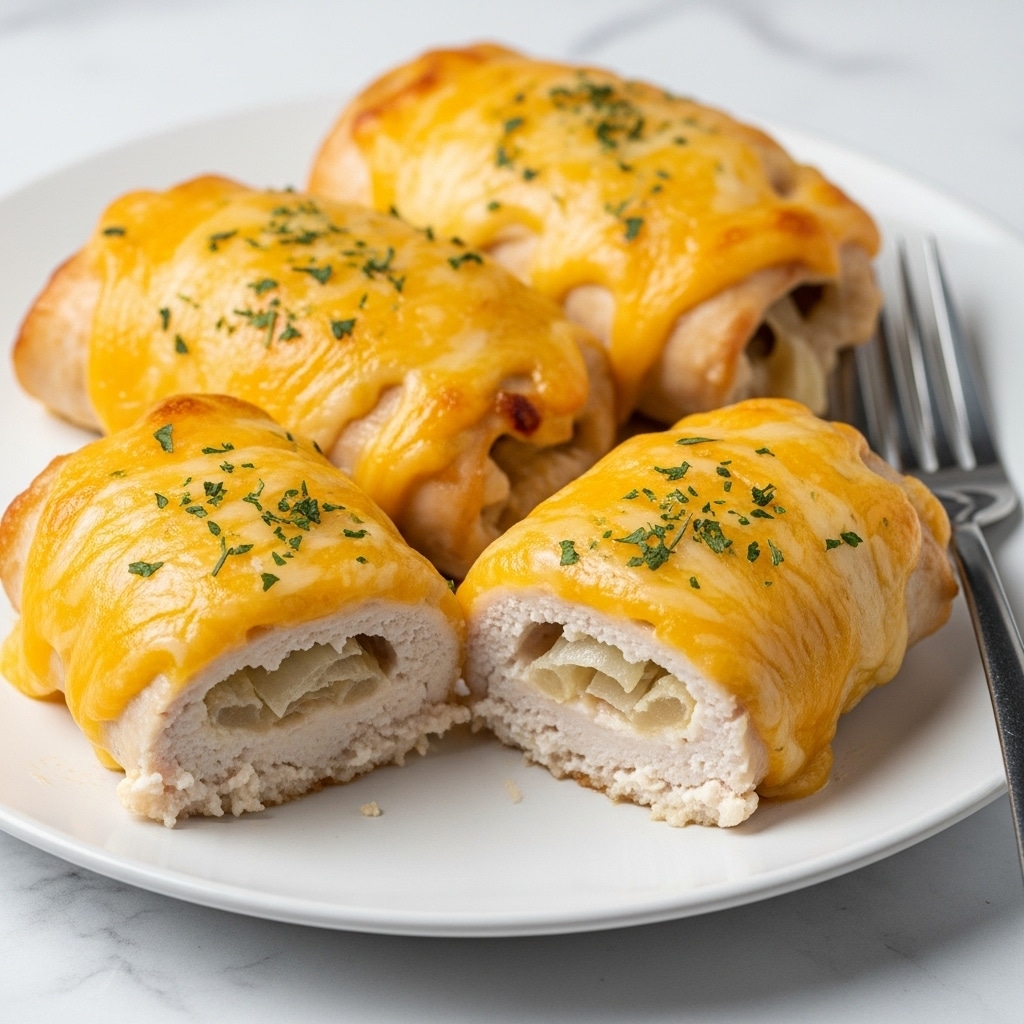 The dish shows three pieces of baked chicken covered with a thick, melted layer of golden-yellow cheese sprinkled with small green herb flakes. The cheese is bubbly and slightly browned on top, creating a textured surface. Underneath, the white cooked chicken meat is visible where one piece is cut open, revealing moist and tender flesh with bits of onion inside. The pieces rest on a plain white plate with a silver fork beside them, all set on a white marbled surface. photo taken with an iphone --ar 4:5 --v 7