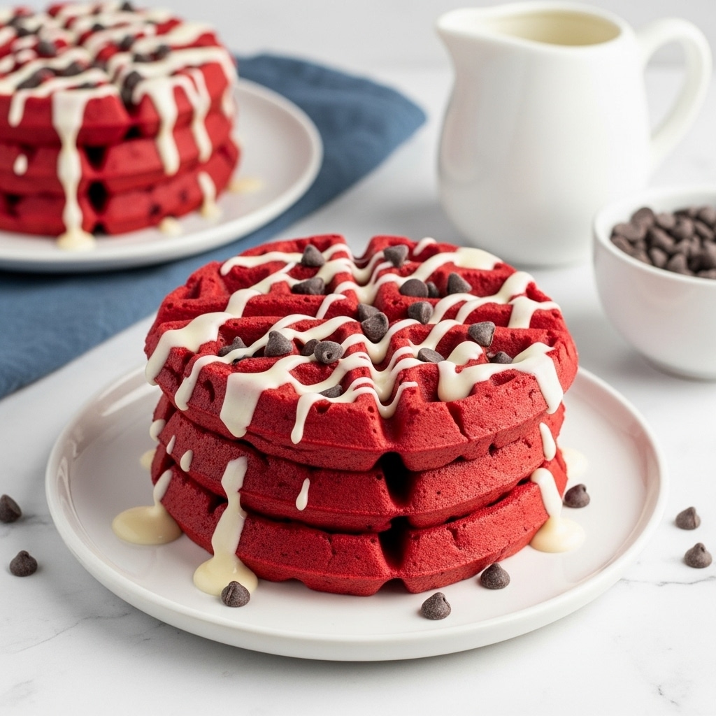 A stack of three thick, bright red waffles sits on a white plate on a white marbled surface. The waffles are divided into four sections each and topped with white creamy sauce drizzled unevenly over the edges and into the square pockets. Small dark brown chocolate chips are scattered on top of the sauce and waffles. In the background, part of another stack of red waffles with sauce and chocolate chips is seen on a white plate with a blue cloth underneath. To the right, there is a white jug with sauce and a white bowl filled with more chocolate chips. Photo taken with an iphone --ar 4:5 --v 7