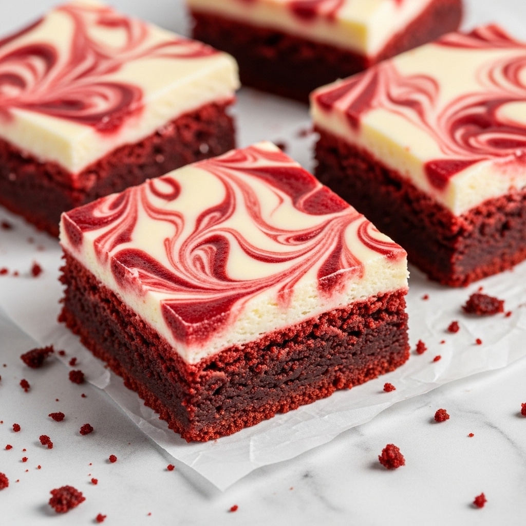 The image shows three thick square pieces of rich red velvet brownies with a creamy white and red marbled swirl of cream cheese frosting on top. The bottom layer is a moist, deep red cake with a slightly crumbly texture, while the top layer displays a smooth, glossy cream cheese swirl in different patterns over the red base. The brownies are placed on white parchment paper that sits on a dark, worn baking tray, with some red crumbs scattered around. The close-up view highlights the contrast between the vibrant red and bright white colors and the soft texture of the dessert. Photo taken with an iphone --ar 4:5 --v 7