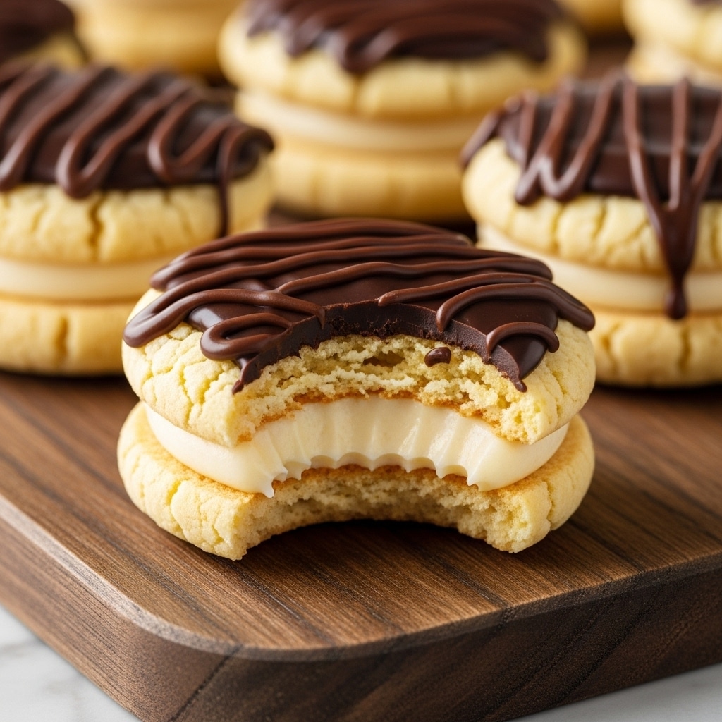A close-up view of a group of round cookies with a cracked, light golden surface, each topped with a thick, glossy layer of dark chocolate dripping slightly over the edges. One cookie in the front has a bite taken out, revealing a smooth, creamy pale yellow filling inside the soft, crumbly cookie base. The cookies are placed on a rustic dark wooden board resting on a white marbled texture surface. The focus is sharp on the front cookies, showing texture and shine clearly, while the background is softly blurred. photo taken with an iphone --ar 4:5 --v 7