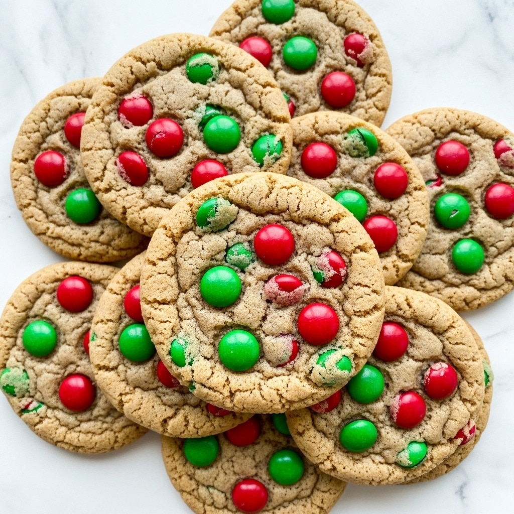 A pile of soft cookies is shown, each cookie with a golden-brown textured surface. Scattered throughout the cookies are bright red and green candy pieces that create colorful spots contrasting with the warm cookie color. The cookies overlap each other in a casual stack, placed on a white marbled surface that adds a clean and light background to the image. photo taken with an iphone --ar 4:5 --v 7
