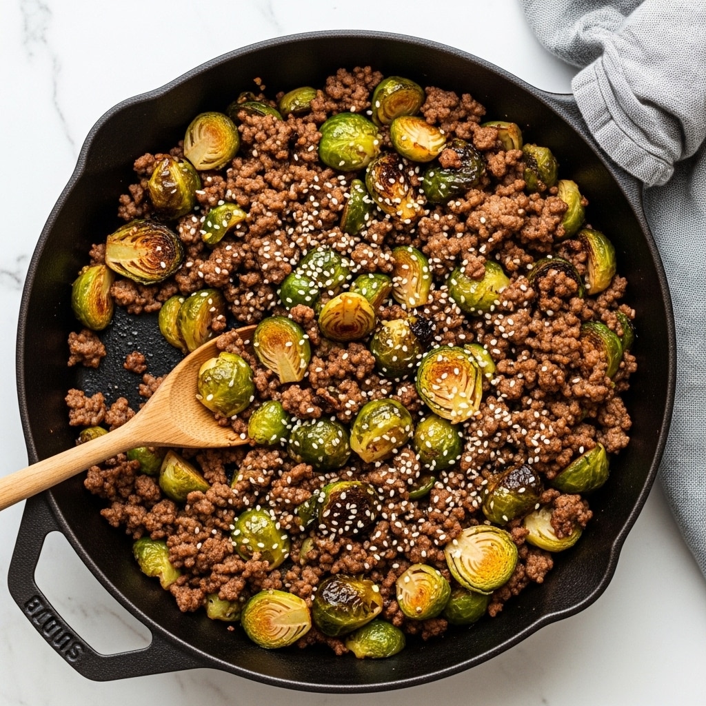 A close-up of a black cast iron pan filled with cooked ground beef and roasted Brussels sprouts mixed together. The Brussels sprouts are halved, showing a golden browned inside with bright green outer leaves. The ground beef is dark brown and crumbly, spread evenly throughout the pan. White sesame seeds are sprinkled on top, adding small dots of white. A wooden spoon is resting in the pan, partially scooping the mixture. The pan sits on a white marbled surface with a grey cloth casually placed nearby. photo taken with an iphone --ar 4:5 --v 7