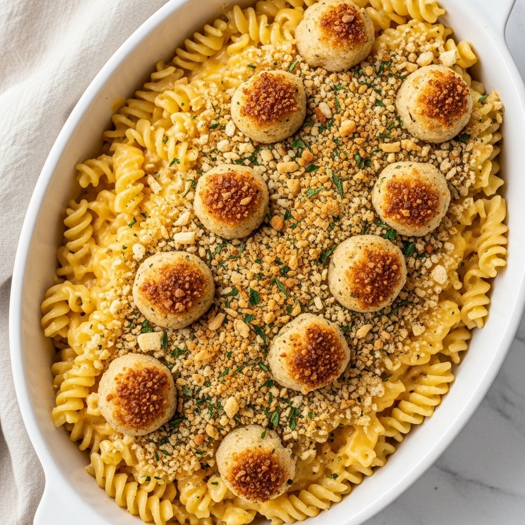 An oval white ceramic dish filled with creamy macaroni and cheese made with spiral pasta, covered with a thick layer of golden brown toasted breadcrumbs sprinkled with small green herb bits. The pasta beneath is a pale yellow color, fully coated in melted cheese sauce, visible around the edges where it meets the crispy breadcrumb topping. There are small areas where the breadcrumbs are darker, showing slight charring for texture contrast. The dish is placed on a white marbled surface with some breadcrumbs spilled on the marble nearby, and a beige cloth napkin partially under the dish on the left side. photo taken with an iphone --ar 4:5 --v 7