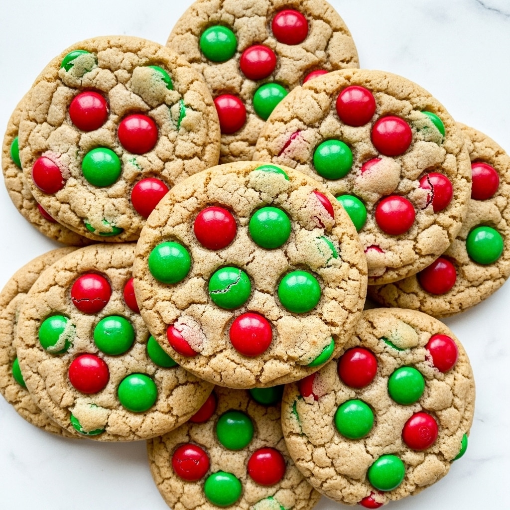 A close-up top view of a stack of cookies filled with red and green candy-coated chocolates, showing round cookies with a light brown, slightly cracked texture, evenly dotted with shiny red and green candies. The cookies are piled on top of each other in a slightly irregular shape on a white marbled textured surface. photo taken with an iphone --ar 4:5 --v 7