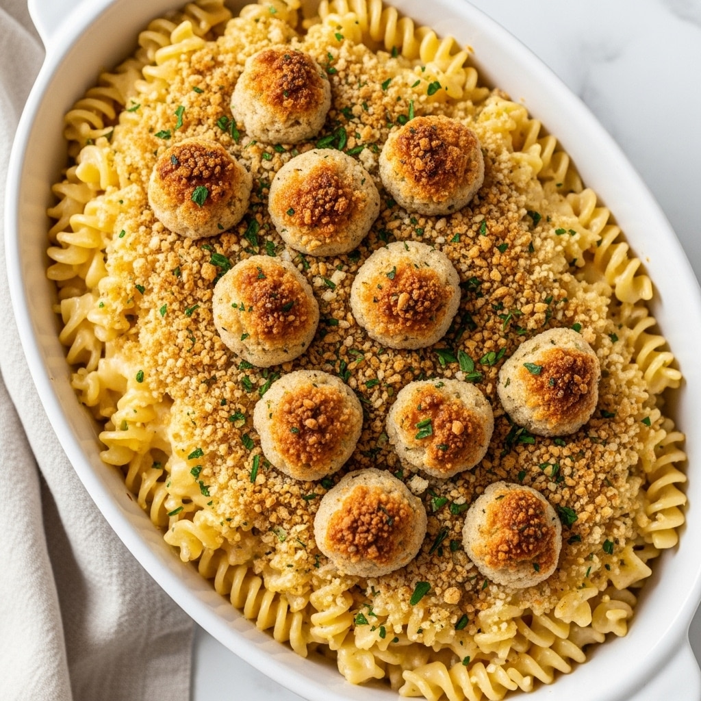 A close-up of a white oval baking dish filled with creamy macaroni and cheese made with spiral rotini pasta. The pasta is coated in a smooth, pale yellow cheese sauce, forming the first layer. On top, there is a thick covering of golden brown toasted breadcrumbs, sprinkled evenly with small green herb pieces. Some breadcrumb clusters are darker and crispier, providing a textured contrast. The dish sits on a white marbled surface with a light beige cloth partially visible to the left. Photo taken with an iphone --ar 4:5 --v 7