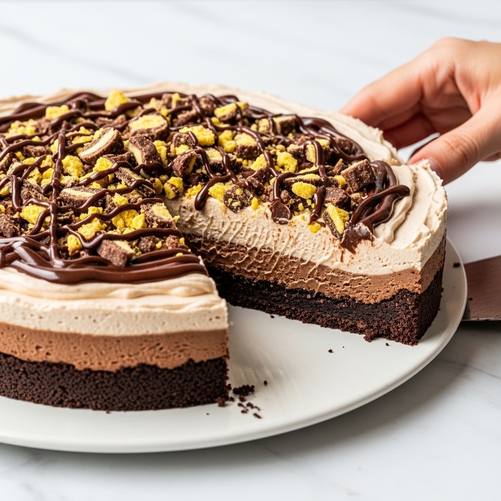 A round dessert with a dark brown crumbly crust forms the base layer on a white plate. The second layer is smooth, light brown mousse covering the crust evenly. On top, there are pieces of chopped golden peanut butter cups scattered in the center, with dark chocolate drizzled over them, adding texture and color contrast. A slice is missing, showing the inside layers clearly. The background is a white marbled surface. Photo taken with an iphone --ar 4:5 --v 7