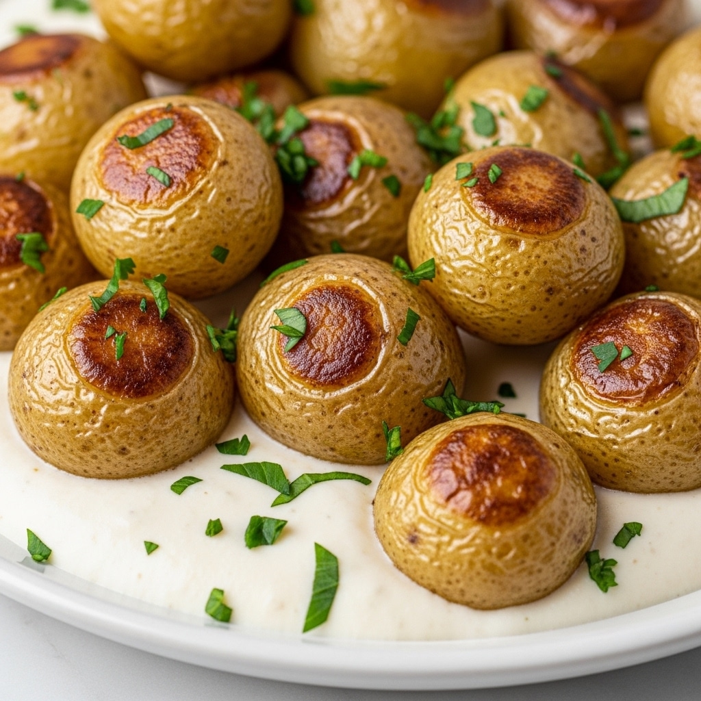 The image shows a close-up of small round baby potatoes with a golden brown crispy skin, topped with finely chopped fresh green herbs. The potatoes are sitting on a creamy white sauce that looks smooth and thick, filling the dish’s base and some potatoes partly covered by it. The shiny potatoes show a mix of light golden and slightly darker brown spots, suggesting they are roasted or sautéed. The fresh herbs are scattered evenly over the potatoes and sauce, adding bright green color and texture contrast. The dish appears rich and inviting, on a white plate with a white marbled surface underneath. Photo taken with an iphone --ar 4:5 --v 7