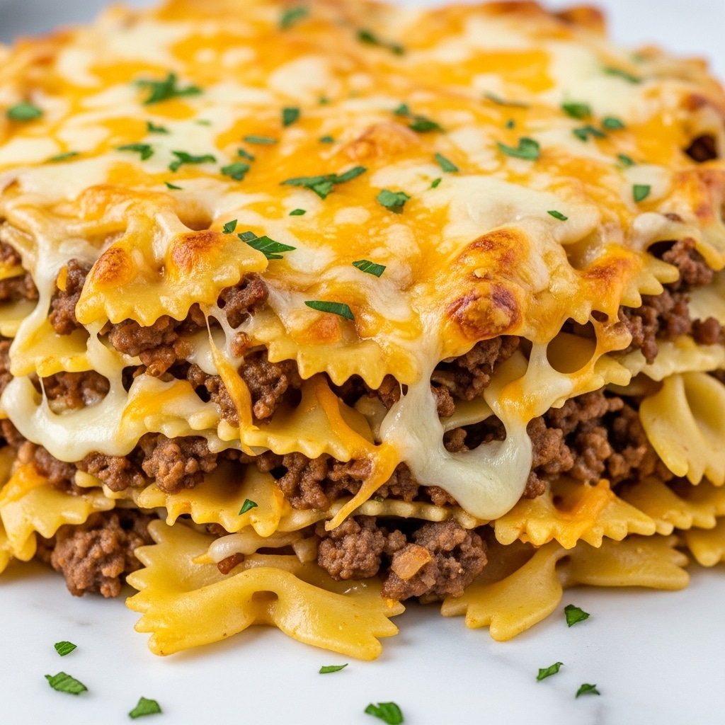 A close-up view of a dish with multiple layers of cooked bowtie pasta mixed evenly with browned ground beef, topped generously with melted cheddar and mozzarella cheese. The cheese is golden and bubbly, covering the pasta and meat with slight browning spots. Small green parsley flakes are sprinkled on top, adding color contrast against the yellow and brown tones. The dish sits on a white marbled surface. Photo taken with an iphone --ar 4:5 --v 7