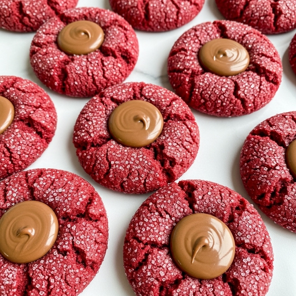 The image shows multiple round red cookies arranged close together on a white marbled surface. Each cookie has a rough, slightly cracked texture with tiny sugar crystals covering the top, giving a sparkling effect. In the center of each cookie, there is a smooth, shiny, light brown chocolate piece that looks soft and glossy. The cookies have a deep red color with visible cracks, and the contrast between the red cookie and the brown chocolate in the middle makes them look rich and delicious. photo taken with an iphone --ar 4:5 --v 7