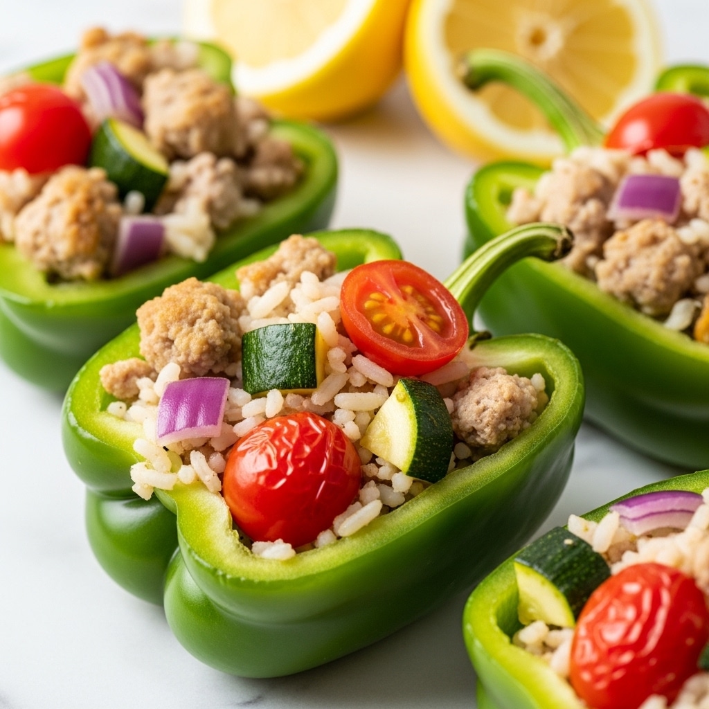The image shows a close-up of green bell pepper halves filled with a colorful mix of cooked white rice, small pieces of light brown ground meat, bright red cherry tomato halves, small chunks of purple onion, and green zucchini pieces. The peppers sit on a white marbled surface, with two lemon halves blurred in the background. The filling is textured and slightly moist, sitting snugly inside the hollowed-out pepper shells. photo taken with an iphone --ar 4:5 --v 7