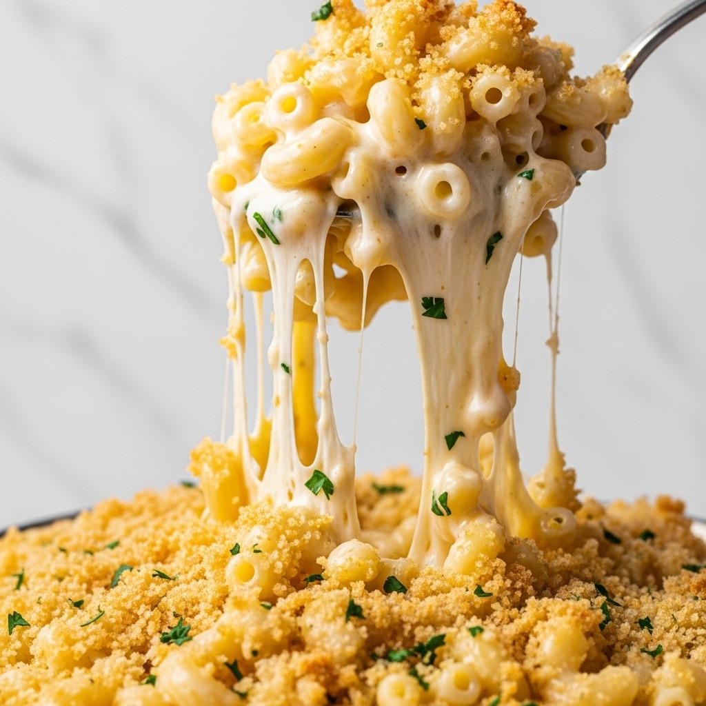 The image shows a close-up of creamy macaroni and cheese being scooped out with a spoon. The dish has two main layers: the bottom layer consists of soft, small elbow macaroni coated in a rich, smooth white cheese sauce, while the top layer is a golden-brown, crunchy breadcrumb crust with small green herb flecks scattered across it. Long, stretchy cheese strands hang from the noodles as they are lifted, highlighting the gooey texture. The dish is set on a white marbled background. photo taken with an iphone --ar 4:5 --v 7