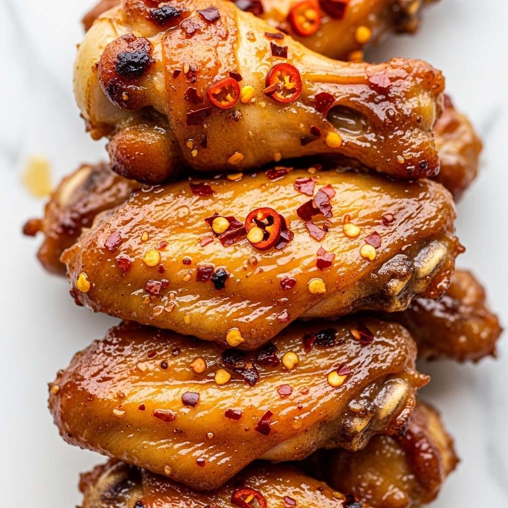 A close-up view of several pieces of golden-brown cooked chicken wings stacked together, showing a shiny, sticky glaze with bits of red chili flakes and small seeds spread evenly across the surface. The wings have a slightly crispy texture with darker charred spots highlighting their cooked edges. The background is a white marbled texture, making the rich color of the wings stand out. Photo taken with an iphone --ar 4:5 --v 7