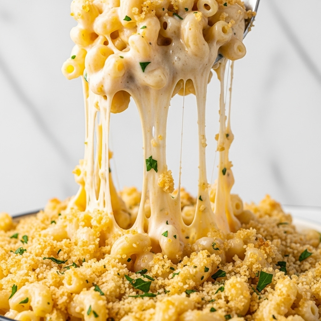 A close-up of creamy macaroni and cheese being lifted, showing gooey melted cheese stretching down like strings. The dish has small macaroni pasta pieces coated in thick, smooth cheese sauce with bits of green herbs sprinkled throughout. On top, there is a golden brown crunchy breadcrumb layer adding texture. The background is a white marbled texture. photo taken with an iphone --ar 4:5 --v 7