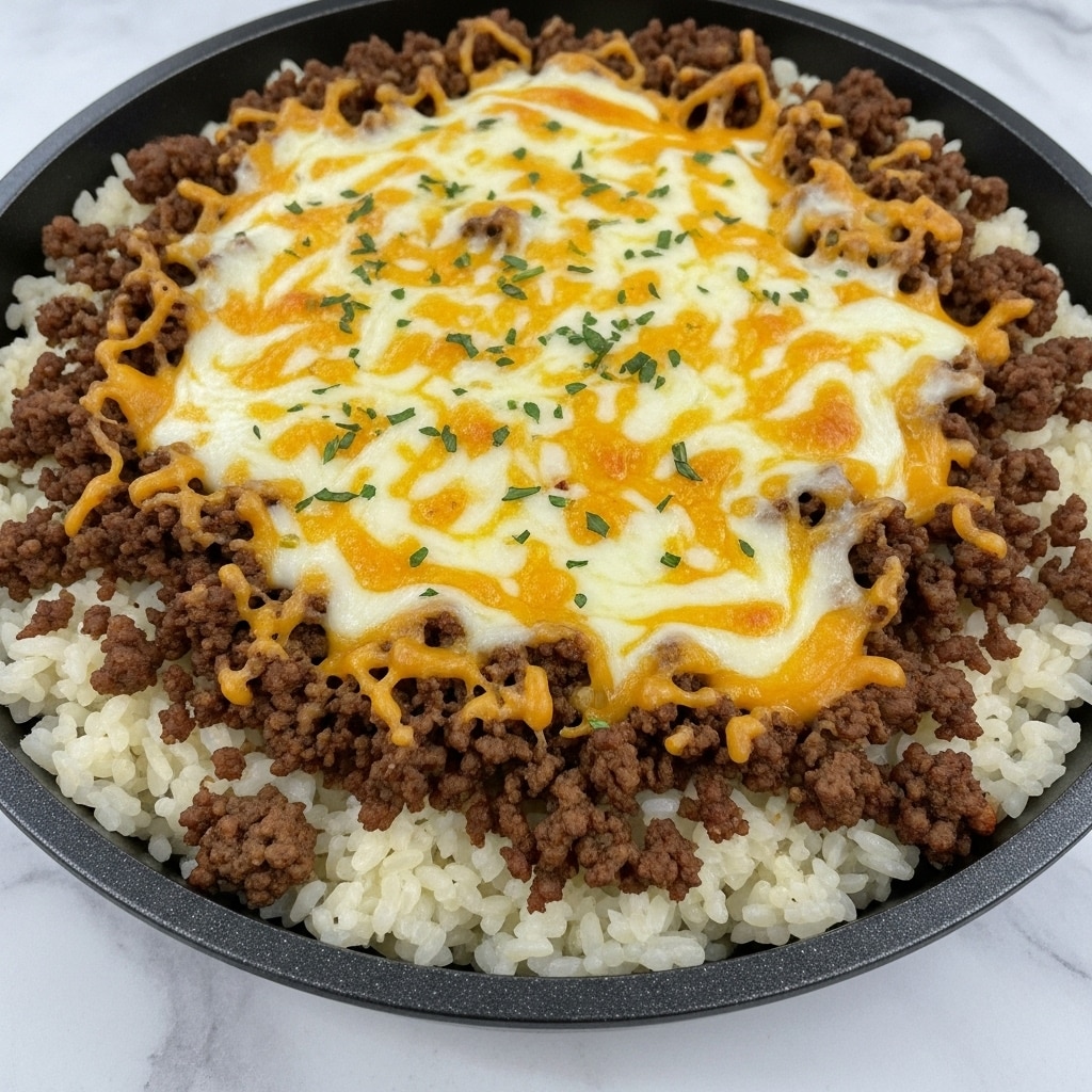 The dish is a close-up view of a cheesy baked rice with ground beef topping. The bottom layer is creamy white rice, soft and slightly sticky. The second layer consists of browned, crumbled ground beef pieces spread evenly over the rice. On top, there's a thick layer of melted cheese, blending white and orange colors, with a shiny, gooey texture. Small green herb pieces are sprinkled lightly across the surface. The dish is served in a round black pan, placed on a white marbled texture. photo taken with an iphone --ar 4:5 --v 7