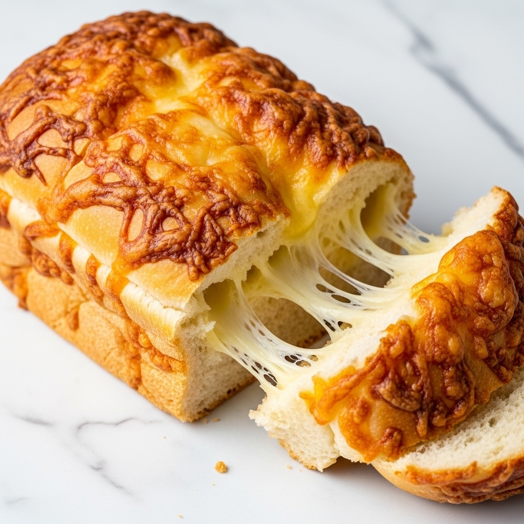 A white loaf of bread with a bubbly, golden brown cheese layer melted on top, showing stretchy, gooey cheese threads between the slices. The inside of the bread looks soft and light with visible air pockets. The bread is partly sliced, revealing the thick cheese crust on the top. It sits on a white marbled surface. Photo taken with an iphone --ar 4:5 --v 7