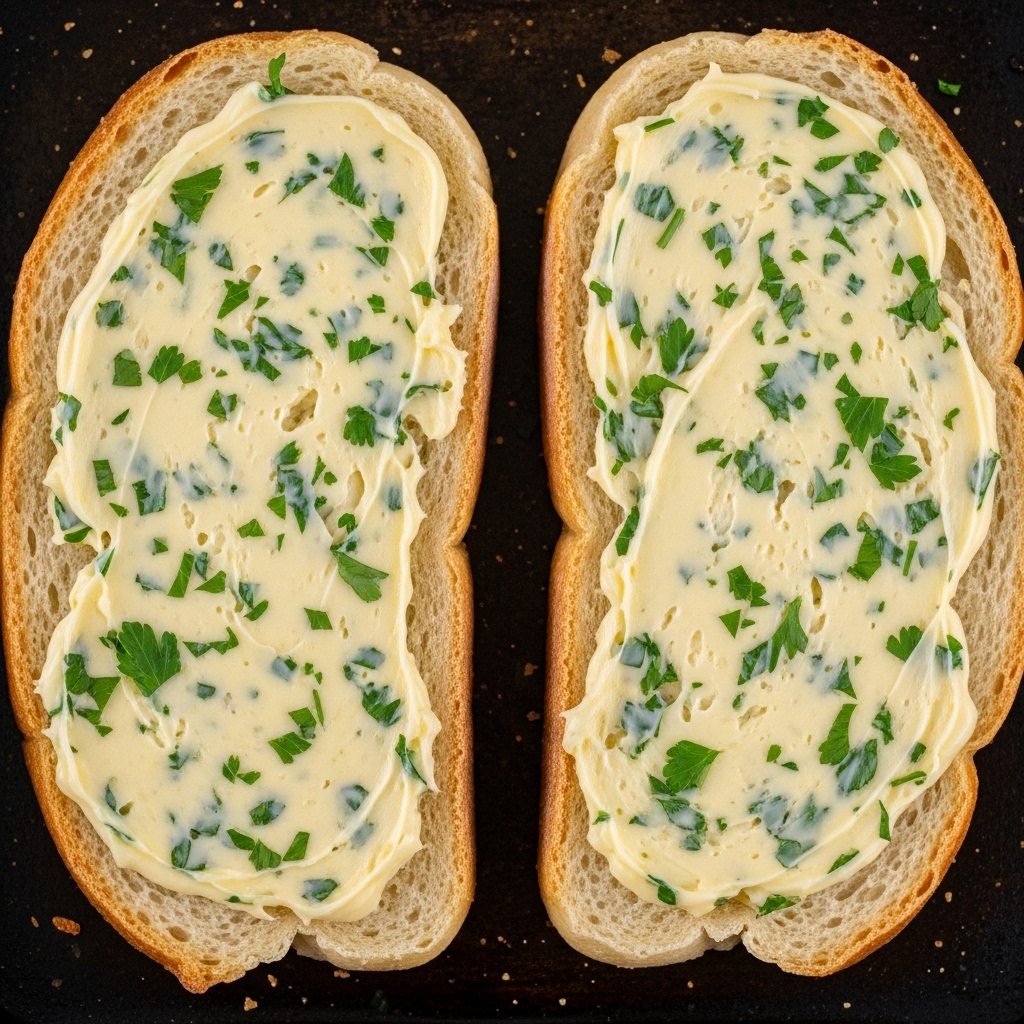 Two thick slices of light golden brown bread lie on a dark baking tray. Each slice is evenly spread with a creamy pale yellow garlic butter mixed with small pieces of fresh green parsley. The texture of the butter looks soft and slightly fluffy, covering almost the whole surface of each slice but leaving a narrow crust edge visible. The bread appears soft with a slight crusty exterior. Photo taken with an iphone --ar 4:5 --v 7