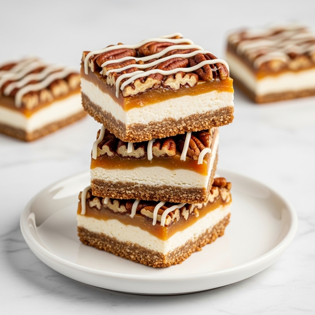 A close-up image of three dessert bars stacked on a white round plate, set on a white marbled surface. Each bar has four visible layers: a bottom layer of brown crumbly crust, a thick second layer of creamy white filling, a third thinner golden caramel layer, and a top layer of dark brown pecan pieces covered in a shiny glaze. Drizzled over the top of each bar are thin lines of white icing in a neat, even pattern. Photo taken with an iphone --ar 4:5 --v 7