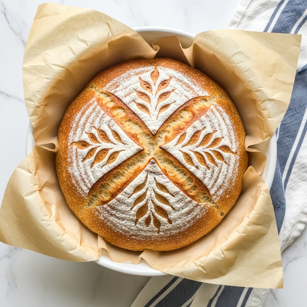 A round loaf of golden brown bread with a slightly crispy crust sits in a white ceramic pot lined with beige parchment paper. The loaf has a decorative pattern on top with five symmetrical leaf shapes scored into the dough, showing a lighter golden color inside the cuts. The bread's surface has a light dusting of flour, giving it a rustic look. The pot is placed on a white marbled texture, with a blue and white striped cloth partially visible on the side. photo taken with an iphone --ar 4:5 --v 7