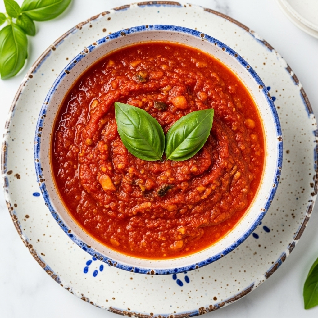 A round bowl filled with thick red tomato sauce that has a slightly chunky texture with bits of what looks like mushrooms or nuts throughout, topped with two fresh green basil leaves placed in the center. The bowl has a rustic, slightly speckled design with a cream and blue pattern, sitting on a larger white plate with a similar rustic design and blue accents. The background is a white marbled texture, and there are a few green basil leaves scattered around nearby. Photo taken with an iphone --ar 4:5 --v 7